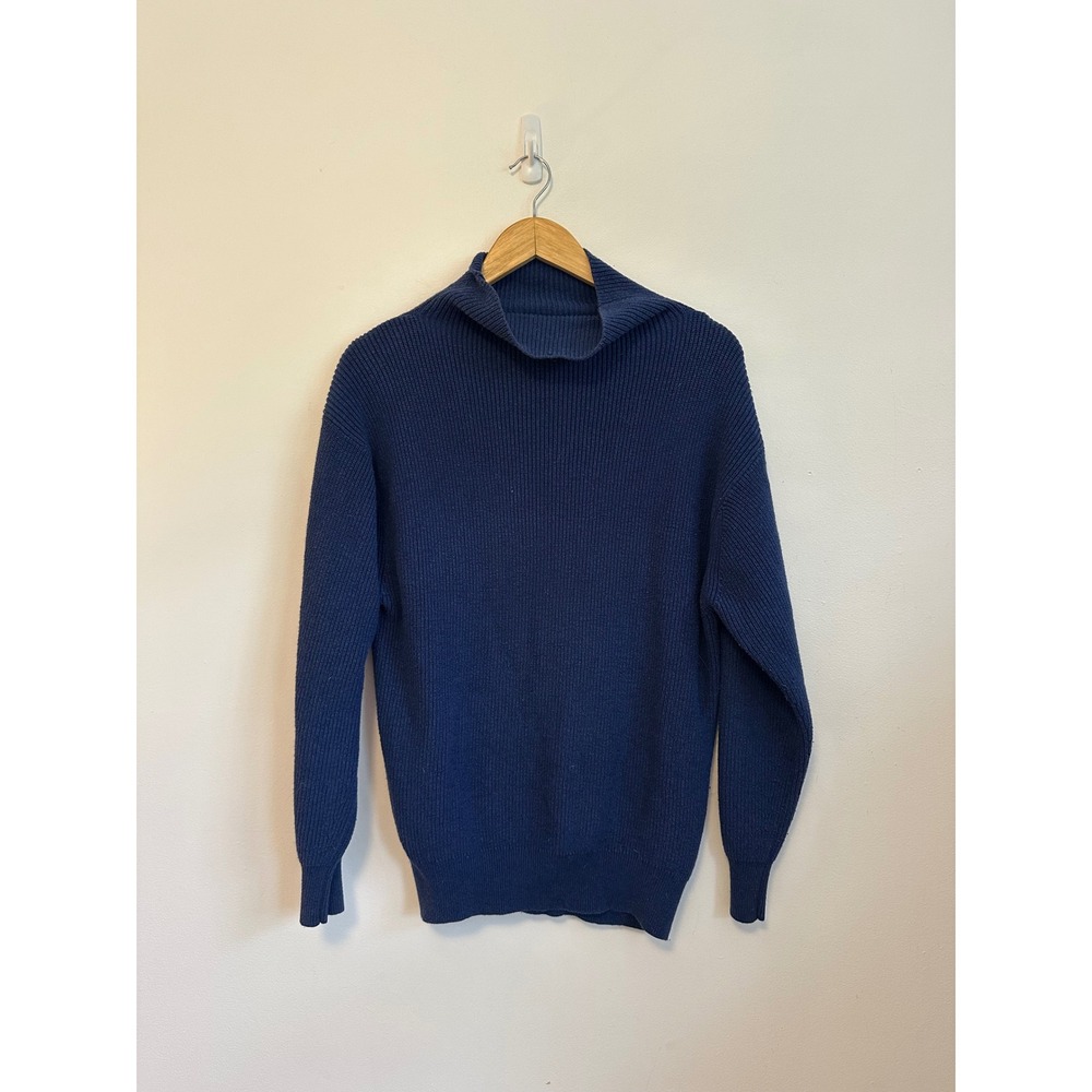 Wilfred Aritzia Navy Merino Wool and Cotton Ribbed Mock Neck Sweater | Medium